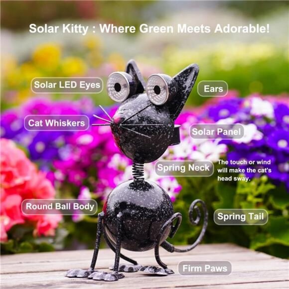 Black Cat Metal Yard Art Statue Light, Garden Black Cat Statue Light Decor - Picture 4 of 6